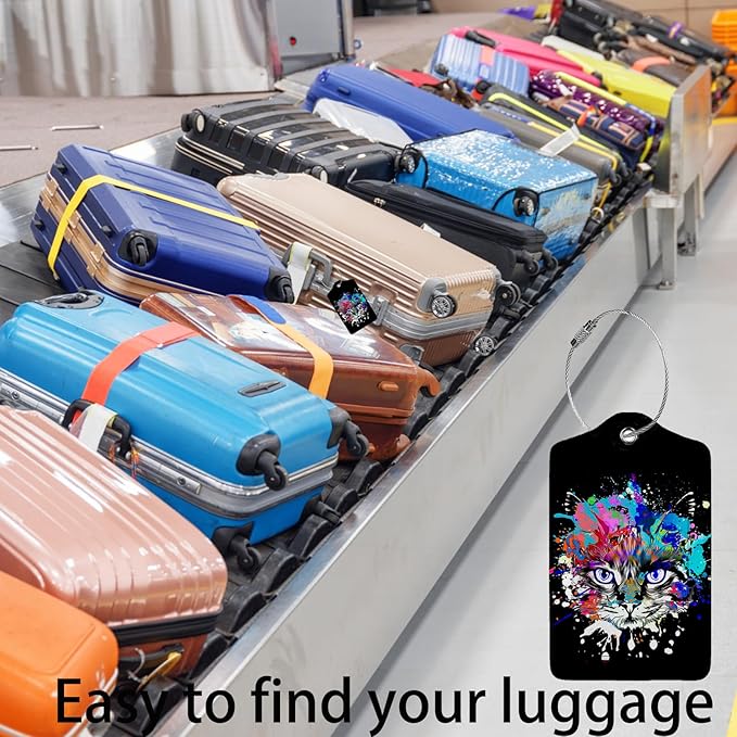 Colorful Cat Head 2 Pack Luggage Tag for Suitcase, Leather Bag Tags Identifiers Privacy Cover ID Label with Steel Loop for Women Men Kids Girls Travel