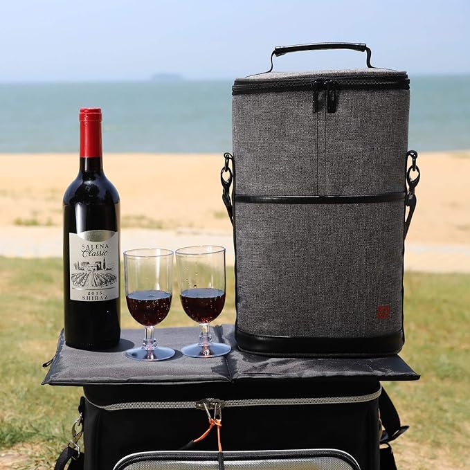 ALLCAMP 2 Bottle Wine Tote Carrier - Insulated Portable Padded Canvas Wine Bag for Travel, BYOB Restaurant, Wine Tasting, Party, Great Christmas Day Gift for Wine Lover，Gray