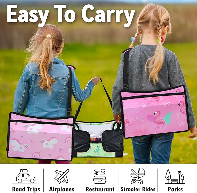 Kids Travel Tray, 3PCS Car Seat Tray for kids Travel, Toddler Road Trip Essentials With Drawing Kit, Toddler Lap Desk Organizer for Car, Carseat Table for Airplane