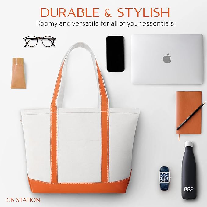 CB STATION Medium Classic Canvas Tote Bag for Women, Top Zipper Closure, Outer Pocket, Daily Essentials, Groceries, Traveling