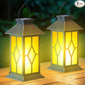 2Pack Patina 13" Metal & Glass Solar Lantern with Flickering Flame, Outdoor Waterproof Hanging Lantern for Garden Patio Yard Pathway Porch Decorative, Vintage Gifts for Mom