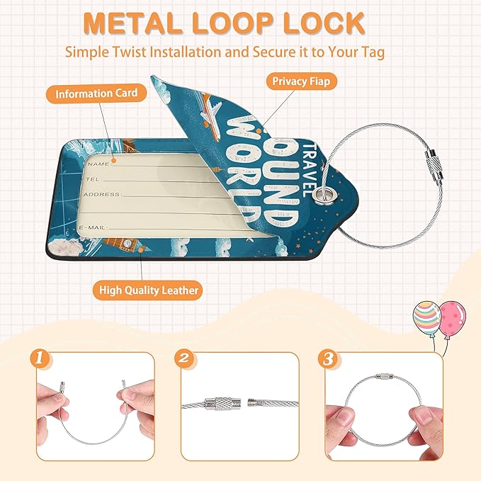 Around The World Travel Art 3 PCS Luggage Tags, Flight Map Leather Suitcase Tags with Privacy Cover Name Address Labels and Durable Steel Loop for Men/Women Travel Bag Suitcases