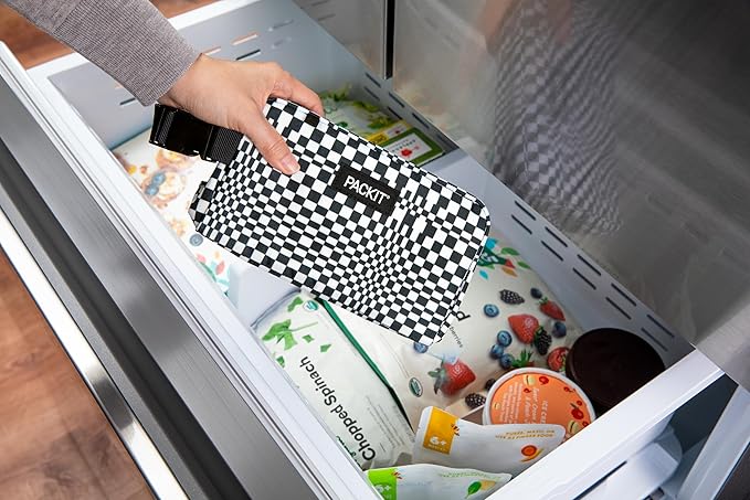 PackIt® Freezable Snack Box, Checked Out, Built with ECOFREEZE Technology, Collapsible, Reusable, Zip Closure with Buckle Handle, Designed For Work Snacks, Fresh Snacks On the Go, Adults, and All Ages