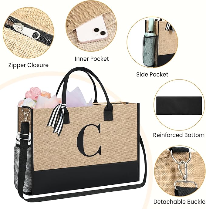 BAGAIL Initial Tote Bag, Personalized Birthday Gifts for Women, Teacher, Friends, Mom, Wedding, Monogrammed Beach Bag