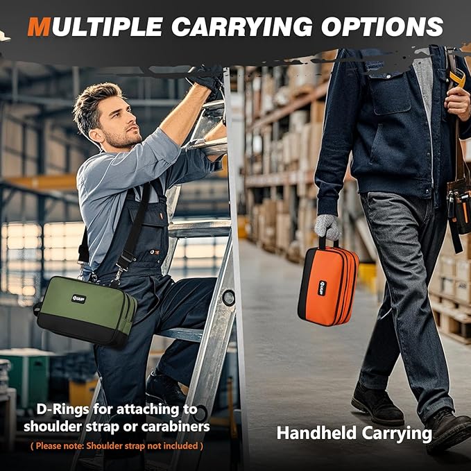 Small Tool Bag 2 Pack, Zipper Tool Pouch Two Compartments, 10 12 inch Utility ToolBag with Carrying Handle, Toolbox Storage Organizer for Electrician Mechanic, Gift for Men Dad, Orange/Green