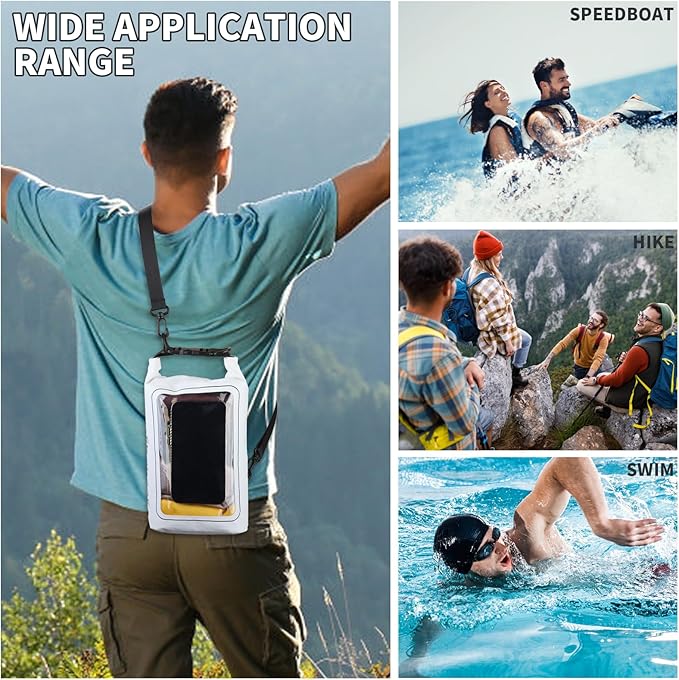 IP68 Waterproof Dry Bag, 2L - Roll Top Waterproof Pool Bag，Dry Bags for Kayaking Waterproof-w/Phone Pouch,Large Waterproof Phone Pouch,Boating & Kayak Accessories Camping (White)