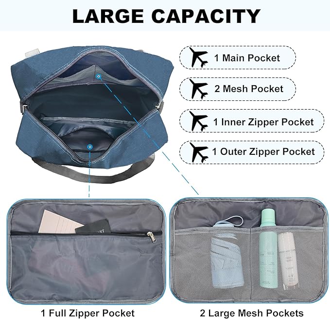 15 Inch Small Carry On Bags for Airplanes Spirit Airlines Personal Item Bag Underseat Foldable Travel Duffle Gym Bags for Women Men(20L,Navy)