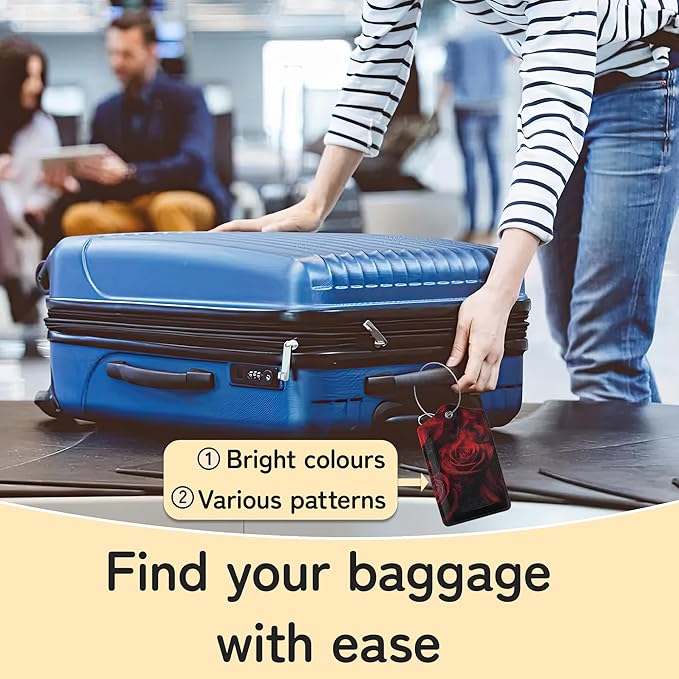 3 Pack Red Rose Luggage Tags for Suitcases, Cute Leather Name Tag with Privacy Cover with Stainless Steel Loops, Travel ID Bag Tags for Women Men