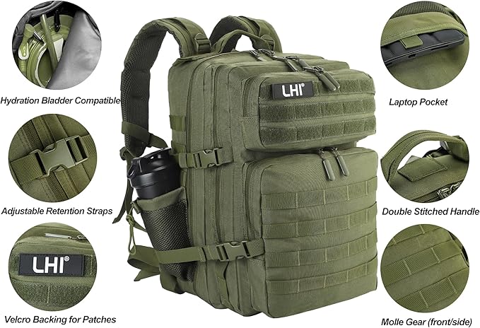 LHI Military Tactical Backpack for Men and Women 45L Army 3 Days Assault Pack Bag Large Rucksack with Molle System - Green