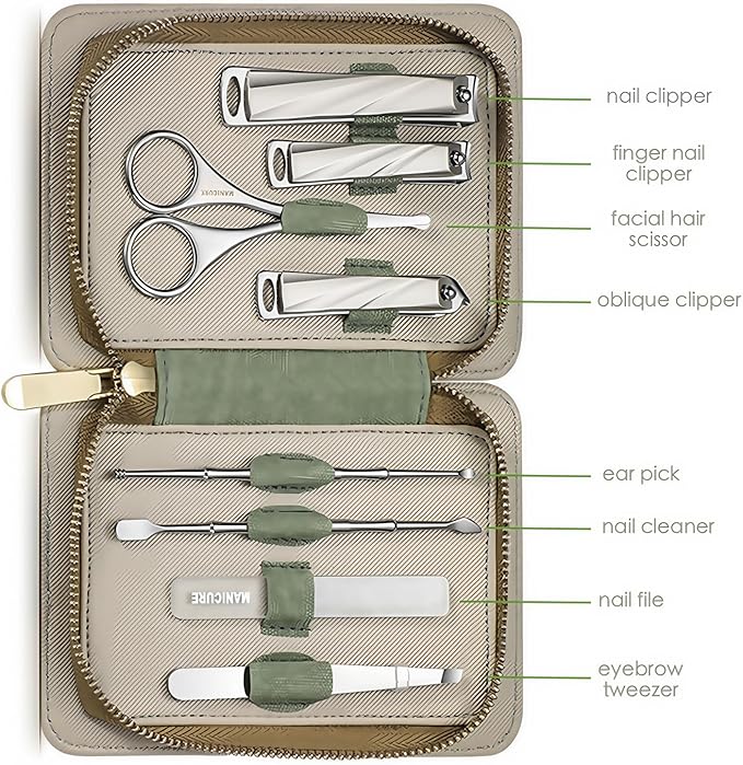 8-Piece Manicure Pedicure Set-Stainless Steel Nail Clippers Toenail Fingernail Cutters with Travel Case Complete Grooming Kit (Green)