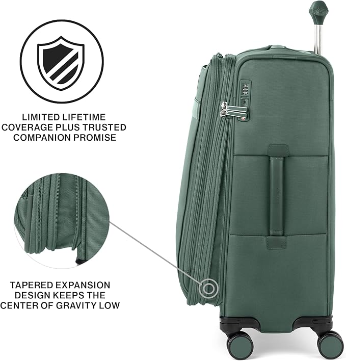 Travelpro VersaPack+ Lightweight Softside Expandable Checked Luggage, 8 Spinner Suitcase, TSA Lock, Men and Women, Checked Medium 25-Inch, Desert Sage Green
