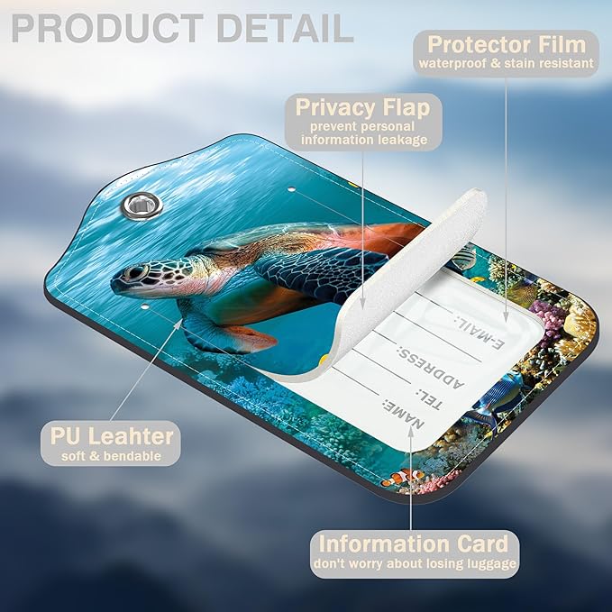 2 Pcs Sea Turtle Luggage Tags for Suitcases PU Leather Baggage Tags Name ID Label with Privacy Cover and Stainless Steel Loop for Men Women Travel Bag Suitcase