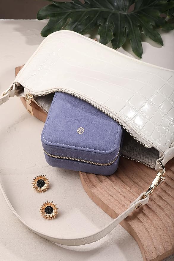 S.Leaf Mini Travel Jewelry Case - Portable Organizer Box for Women (Suede Touch, Dust Lavender)