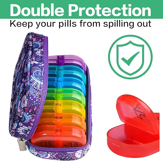 Serfeymi Weekly Travel Pill Organizer 2 Times A Day AM PM Upgraded Rainbow Pill Box 7 Day with Portable Zipper Canvas Pill Case, Medicine Organizer for Pills, Vitamins, Fish Oils - Purple 01