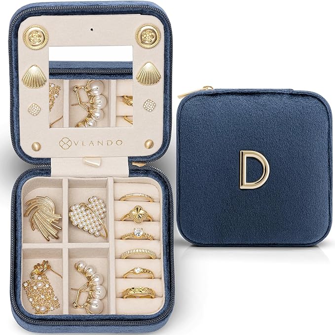 Vlando Wedding Gifts for Women, Jewelry Box, Bridal Shower, Bridesmaid, Bride Gifts, Bridesmaid Proposal Wedding Gifts, Personalized Jewelry Case - Letter D, Dark Blue