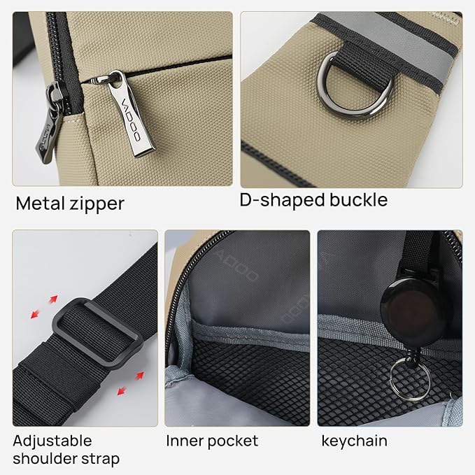 VADOO Mini Sling Bag, Small Crossbody Bag with RFID Blocking for Women and Men, Lightweight Chest Phone Bag for Travel Casual,Khaki