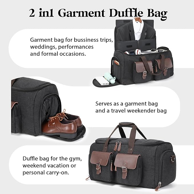Canvas Garment Bags for Travel, Convertible Carry On Garment Duffel Bag for Men Women, 2 in 1 Suit Bag Hanging Suitcase Business Travel Bag with Shoe Compartment (Black, XL)