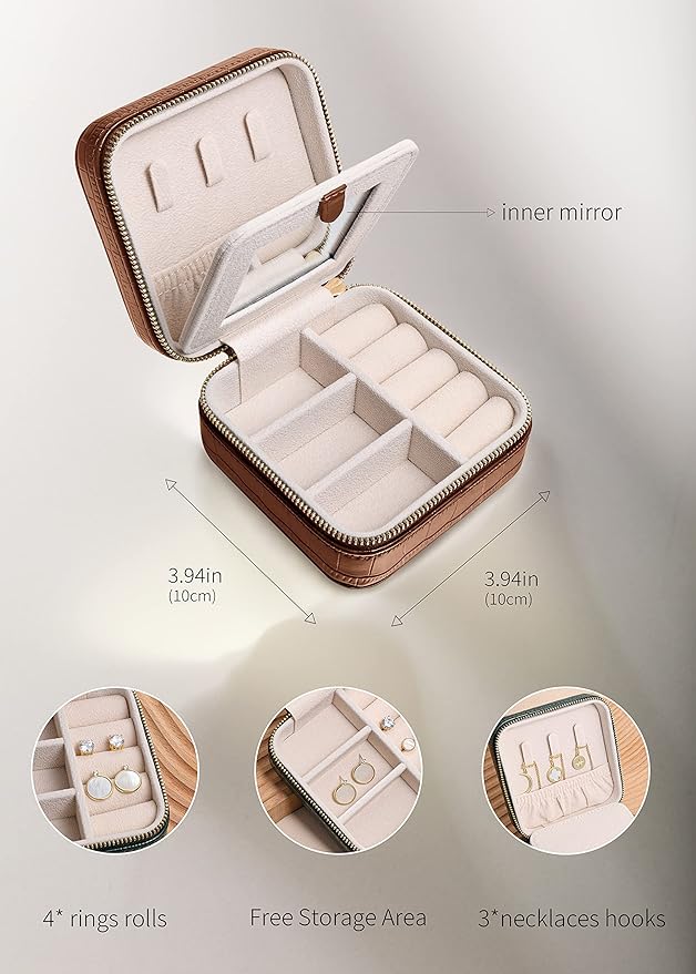 S.Leaf Travel Jewelry Box - Portable Case for Women - Mini Jewelry Organizer (12 Pattern Crocodile Brown 01)