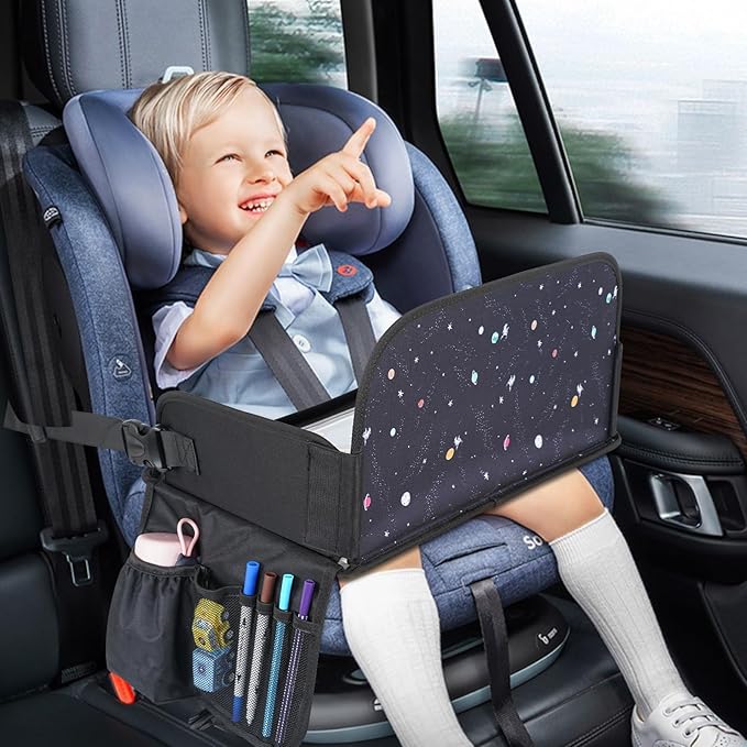 MENZOKE Kids Travel Tray, Travel Tray for Kids Car Seat with Educational Drawing Board, Tablet Holder & Cooler Cup Holder, Portable Road Trip Essentials Child's Gifts for Car Trip, Airplane, Black