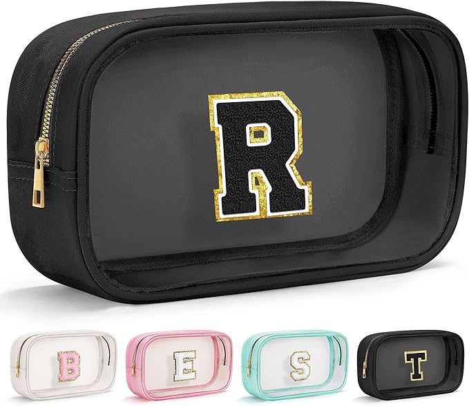 YOOLIFE Initial Travel Makeup Bag Pouch, Clear Toiletry Bag for Women Travel Accessories Cosmetic Bag Skin Care for Teen Make Up Bags Birthday Gifts for Women Unique Teacher Mom Friends Gifts Black R