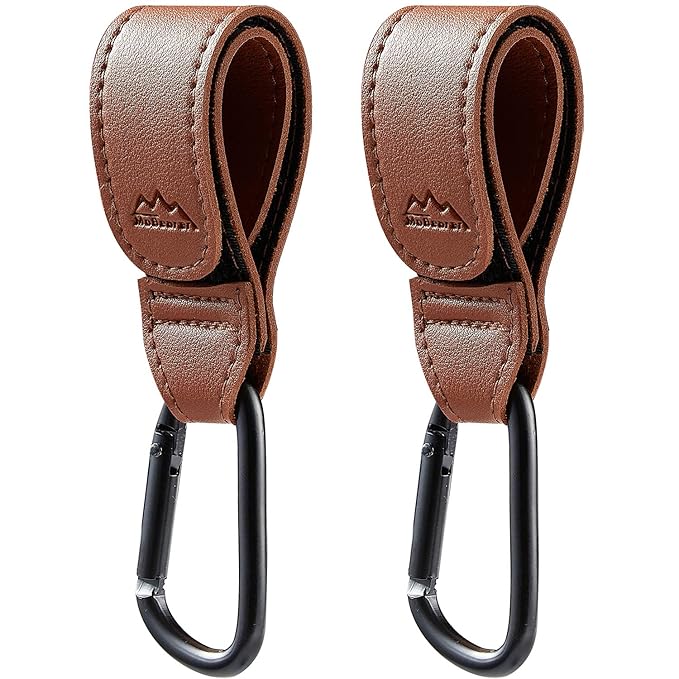 Baby Stroller Hooks Bag Hooks for Hanging Diaper Bags Multipurpose Hooks for Grocery Shopping Bags Premium Vegan Leather Pram Straps 2 Pcs (Brown)