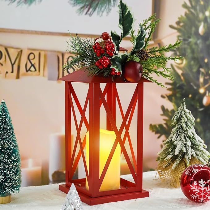 Christmas Decorative Lanterns 2 Pack Outdoor Lantern 13.5" Waterproof Battery Powered LED Hanging Lanterns with Flamessless Candle for Front Porch, Entrance, Indoor, 2 Pack