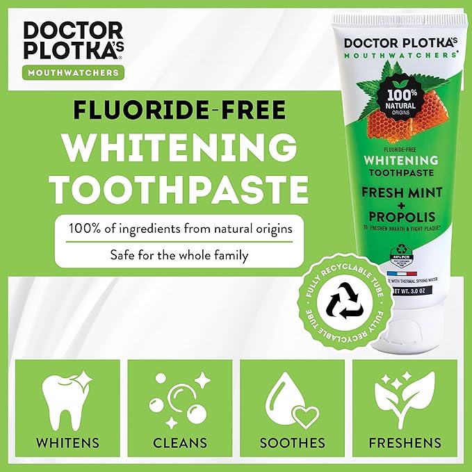 MOUTHWATCHERS Whitening Fluoride Free Naturally Sourced Toothpaste, 2 Tubes, 3 oz Each, for Sensitive Teeth and Gums, Fresh Organic Mint and Organic Propolis, by Dr. Plotka's