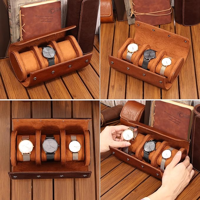 JOYIR Watch Roll for Travel, Genuine Leather Watch Case Organizer with 3 Pillows | Portable Storage & Display Case for Men, Women | Ideal Gift for Father's Day, Birthday, Christmas