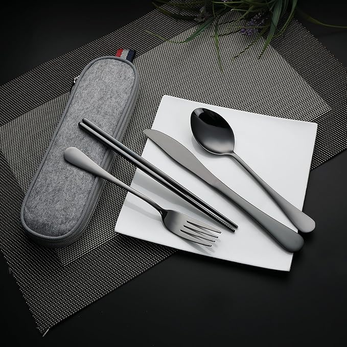 DEVICO Camping Utensils, Portable Travel Utensils with Case, Stainless Steel Reusable Silverware for Lunch Adult, 5Pcs Cutlery Set Includes Knife Spoon Fork Chopsticks and Case (Black)