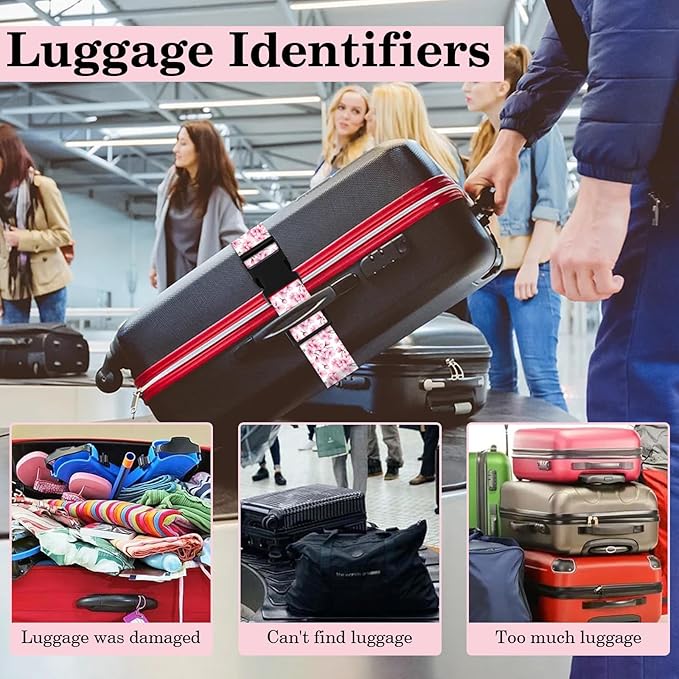 Luggage Straps for Suitcases TSA Approved, Luggage Identifiers for Suitcase, Adjustable Suitcase Strap for Baggage Security with Cute Patten, Travel Necessary Accessories (Peach Blossom)
