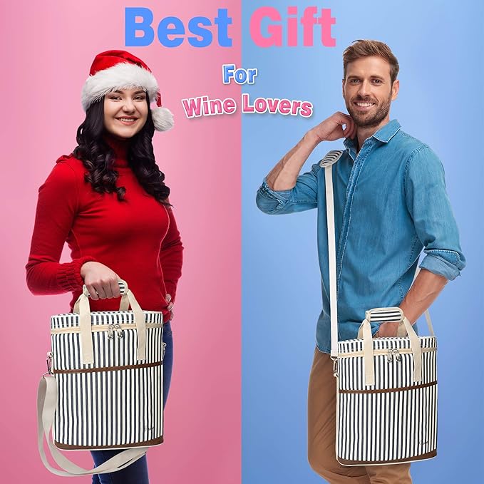 Tirrinia Insulated Wine Gift carrier - 3 Bottle Travel Padded Wine Carry Cooler Tote Bag with Handle and Adjustable Shoulder Strap, Stripe