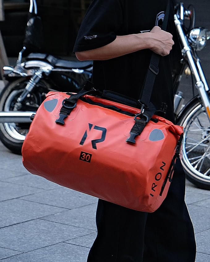 IRON JIA'S Motorcycle Dry Bag - Waterproof Duffle & Luggage Tail Bag Saddle Bags with Roll Top Closure, Shoulder Straps, Inner Pocket and Mesh Pocket (Orange, 30L)