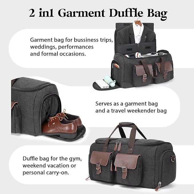Canvas Garment Bags for Travel, Convertible Carry On Garment Duffel Bag for Men Women, 2 in 1 Suit Bag Hanging Suitcase Business Travel Bag with Shoe Compartment (Grey, XL)