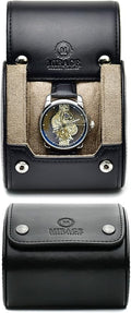 Leather Watch Roll Travel Case for Men – 1 Watch Holder Box - Full Grain Cowhide Leather - Sable Black