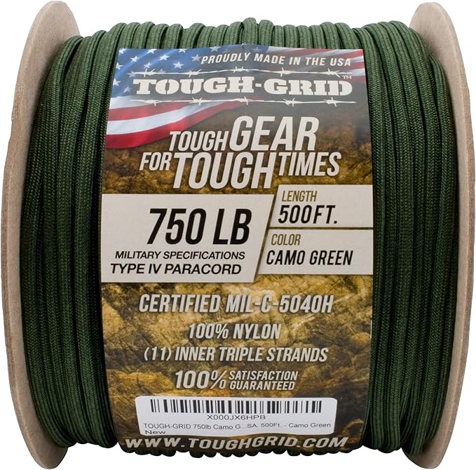 TOUGH-GRID 750 Paracord Rope Nylon Parachute Cord, Made in USA Survival Kit, Outdoor Adventures, Camping, Tactical Gear & Emergency Supplies, Military Type IV Mil-Spec