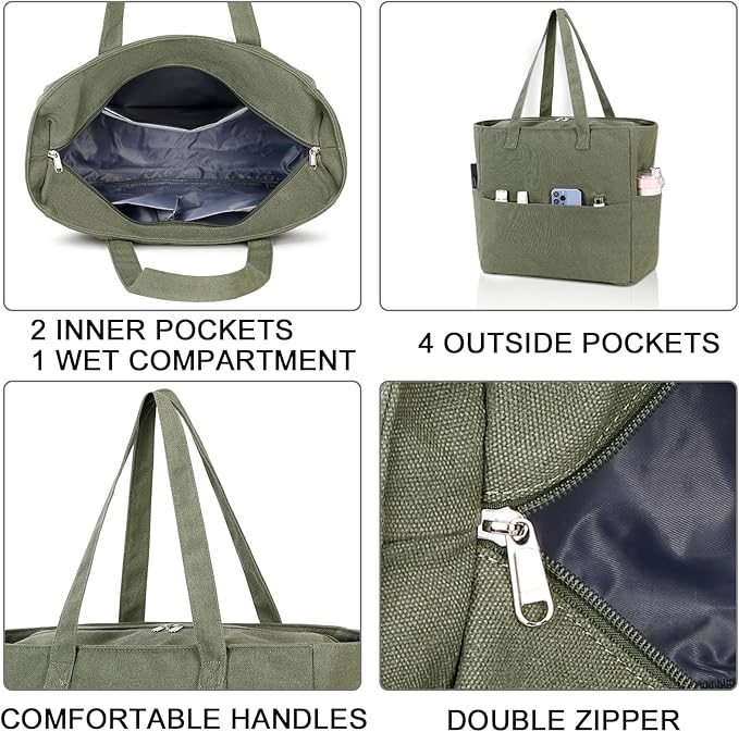 LEDAOU Large Beach Tote Bag Women Waterproof Sandproof Zipper Beach Tote Bag for Pool Gym Grocery Travel with Wet Pocket