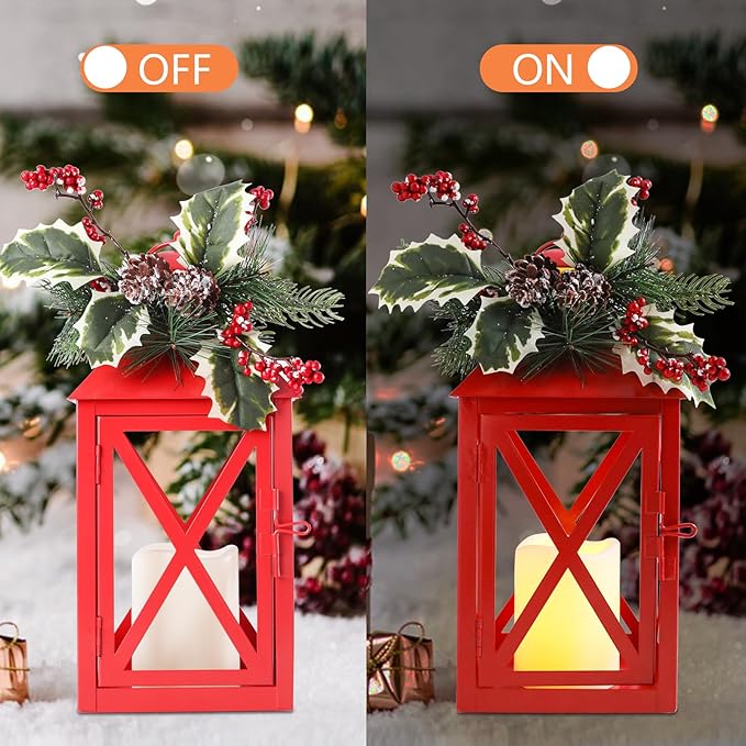 Christmas Lanterns Decorative Outdoor, Waterproof 14.2" Decorative Christmas Red Lantern Indoor Decor Metal Hanging Candle Holder LED Flameless Candle Lantern for Patio, Porch, 2 Packs