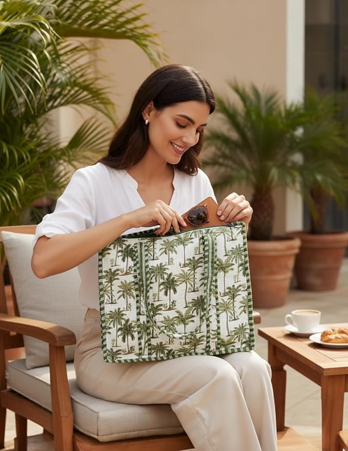 Cotton Quilted Tote Bag for Women – Large Beach & Travel Tote with Zipper, Reusable Grocery Bag