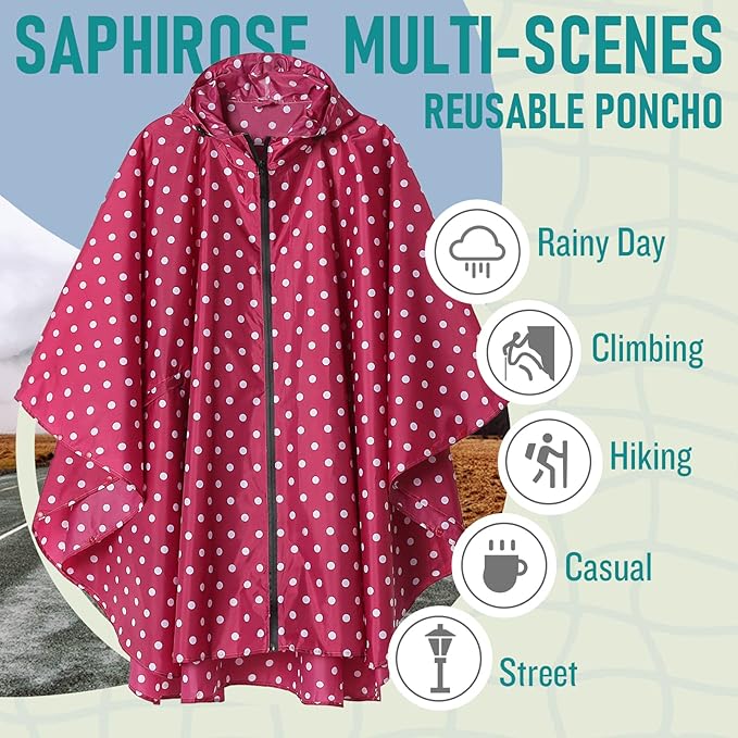 SaphiRose Unisex Rain Poncho Raincoat Hooded for Adults Women with Pockets