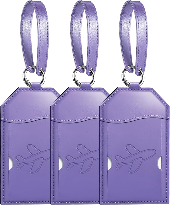 Mayski Luggage Tags for Suitcases 3 Pack Suitcase Bag Tags, TSA Approved, Metal Buckle, Bag Tags with Name ID Card Travel Essentials, Purple Airplane