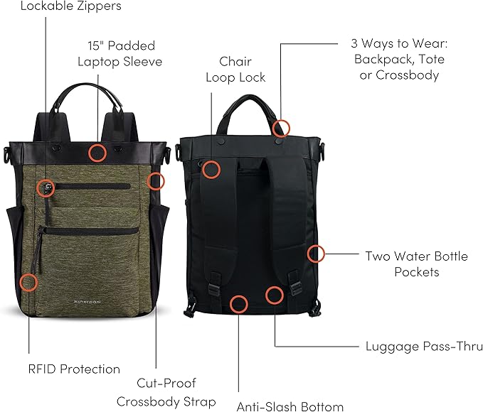 Sherpani Soleil, Anti Theft Convertible Backpack, 3 in 1 Tote Bag, Crossbody Bag, Cross Body Purse, 18L Travel Backpack, Travel Gifts for Women, RFID Protection, Fits 13” Laptop (Loden Lite)