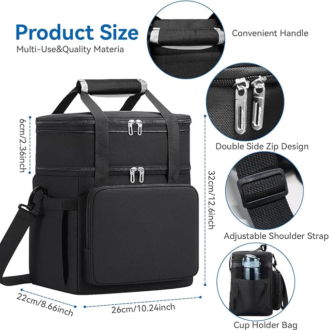 Lunch Box for Men Women, Large Expandable Insulated Lunch Bag, Double Deck Leakproof Cooler Bag for Adults Work Office Outdoor Beach Trips, Black 16L