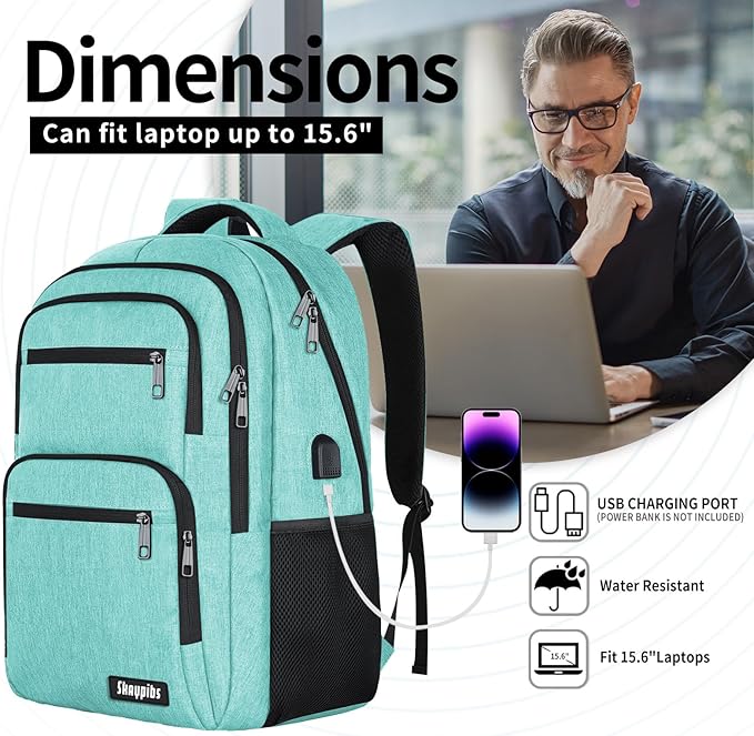 Backpck for Women Men, School backpacks for Girls Teen Boys, 15.6 inch Laptop Back Packs with USB Charger Port, Mochilas for Business, College, Cyan