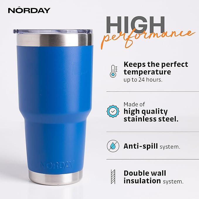 NORDAY | Tumbler with Lid - 30oz - Blue Insulated Tumbler - Stainless Steel Tumblers - Double Wall Vacuum Insulated Travel Coffee Mug for Car Cup Holder - Keeps Temperature for 24hr - Anti Spill Lid