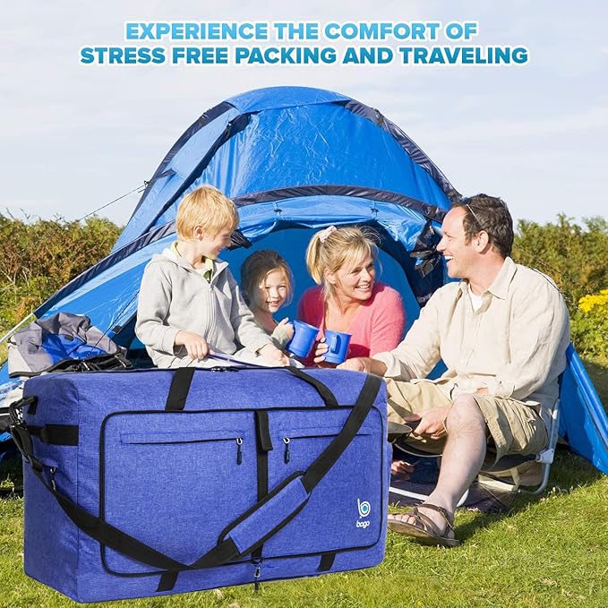 Bago Large Foldable Duffel Bags for Traveling Women & Men - 100L Packable Duffle Bag for Travel with Shoe Compartment - Water Repellant, Heavy Duty, Lightweight Folding & Collapsible (SnowDepBlue)