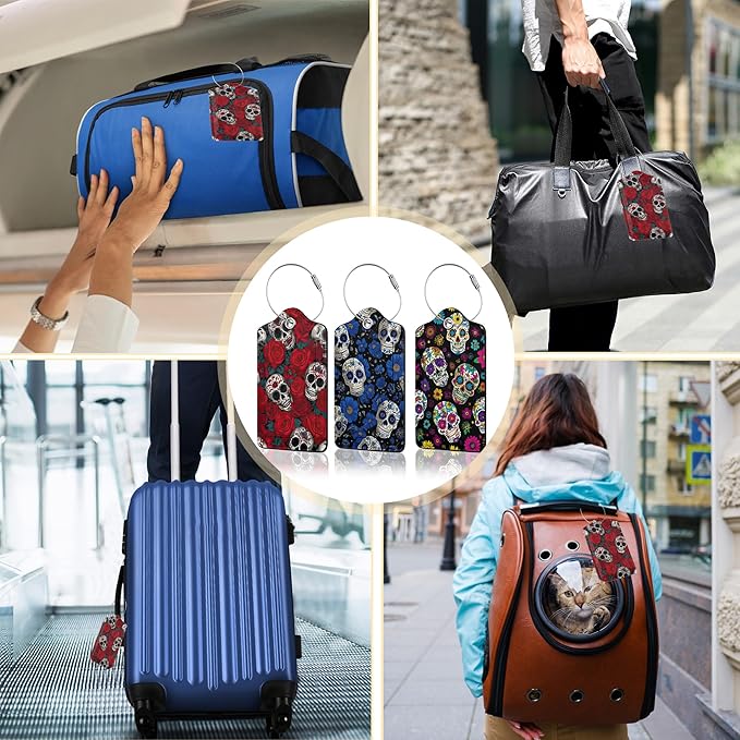 3 Pack PU Sugar Skull and Flowers Leahter Luggage Tag with Stainless Steel Loop,Travel Suitcase Labels with Privacy Cover ID Label Quickly Spot for Bags