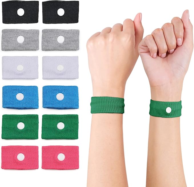 Motion Sickness Wristband, Anti-Nausea Acupressure Wrist Band for Nausea Relief, Dizziness and Vomiting from Car Boat Flying Travel Sickness (Black/Grey/Light Blue/White/Green/Red, 6 Pairs)
