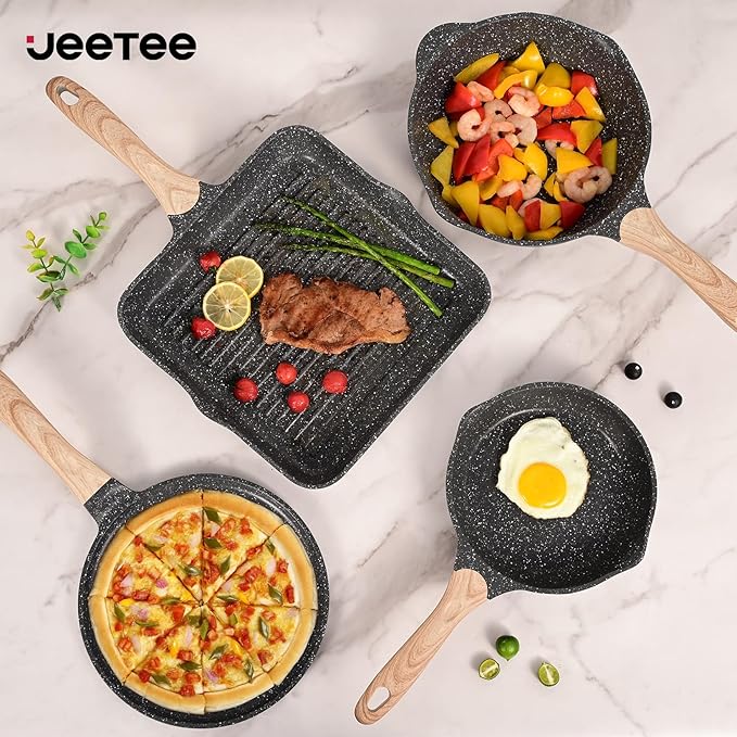 JEETEE Pots and Pans Set Non Stick 23pcs, Healthy Kitchen Cookware Sets, Induction Cooking Set W/Gray Frying Pans, Saucepans, Sauté & Griddle & Crepe Pan (PFOA, PFAS Free)