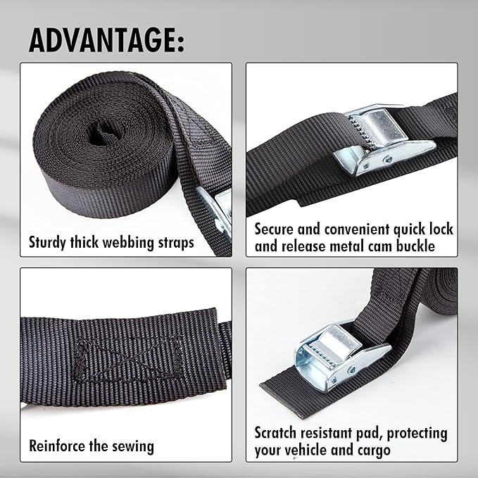 Cartman 1" x 15'Lashing Straps with Adjustable Cam Buckle Cargo Tie Down with Protective Pad, 8 Pack, Black