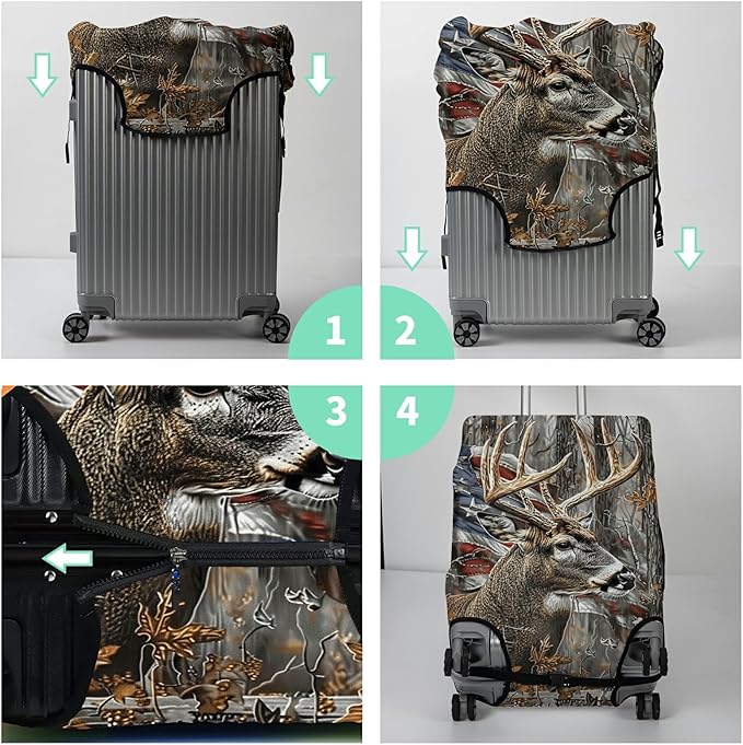 Luggage Cover Suitcase Protector + Tag, Camo Deer Flag Travel Suitcase Cover for 20 inch Luggage (S) with Concealed Zipper Washable Elastic Cloth Dustproof Anti-Scratch